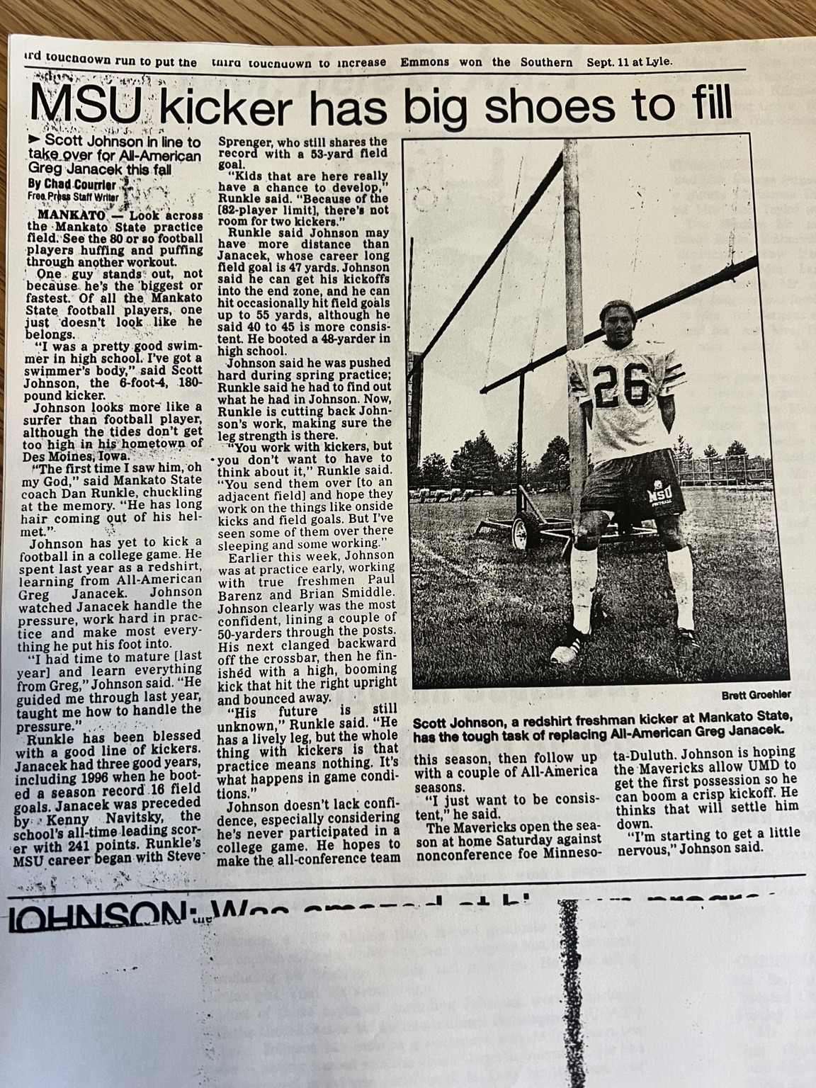 Scott Johnson featured in a newspaper article as an Mankato State kicker